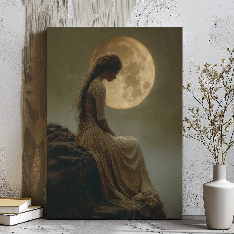 Gothic Moon Goddess Wall Art | Ethereal Woman On Cliff Canvas | 1.25 Inch Gallery Wrap | Ready To Hang Witchy Home Decor