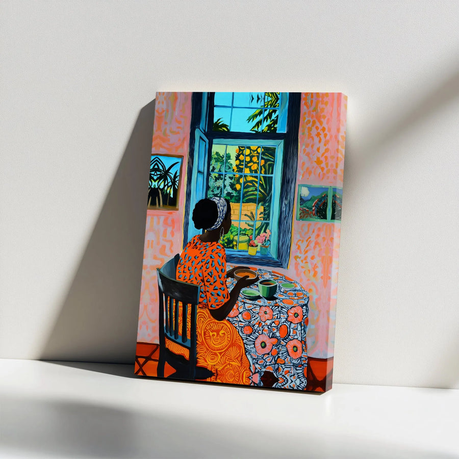 Black Woman Wall Art Canvas | Vibrant Woman by Window Painting | Premium Canvas Print | Afrocentric Home Decor Gift