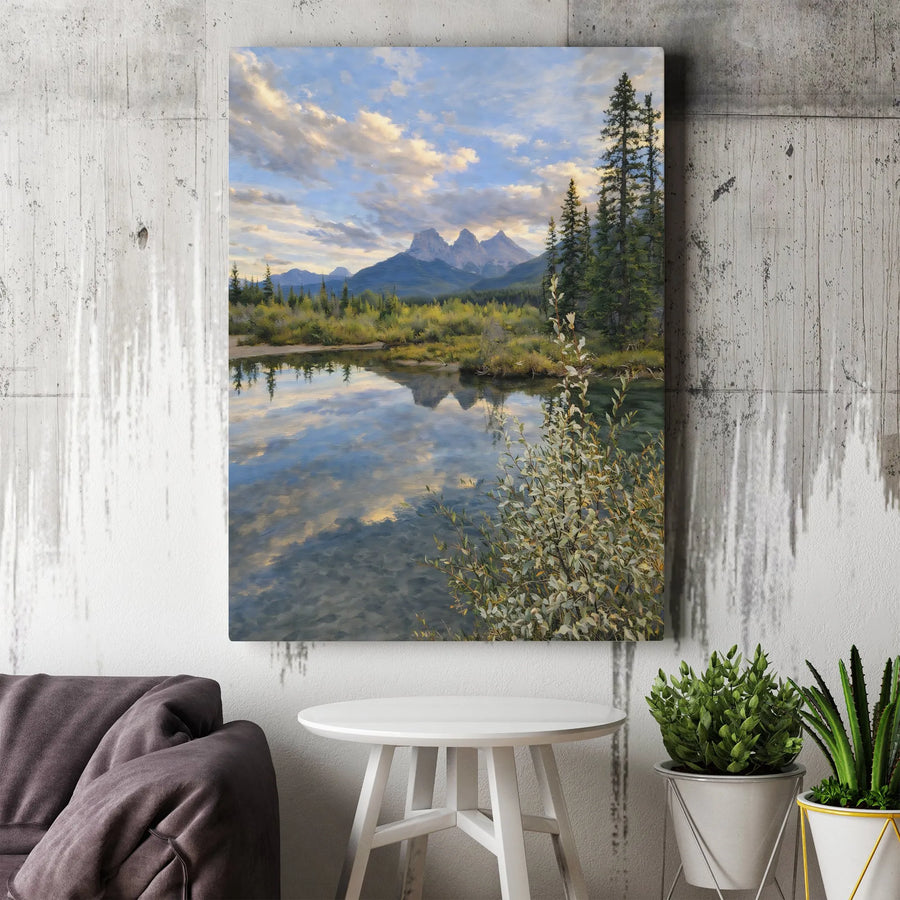 Mountain Landscape Canvas Wall Art | Realistic River Reflection Painting | Premium Thick Gallery Wrap | Modern Cabin & Lodge Decor Gift