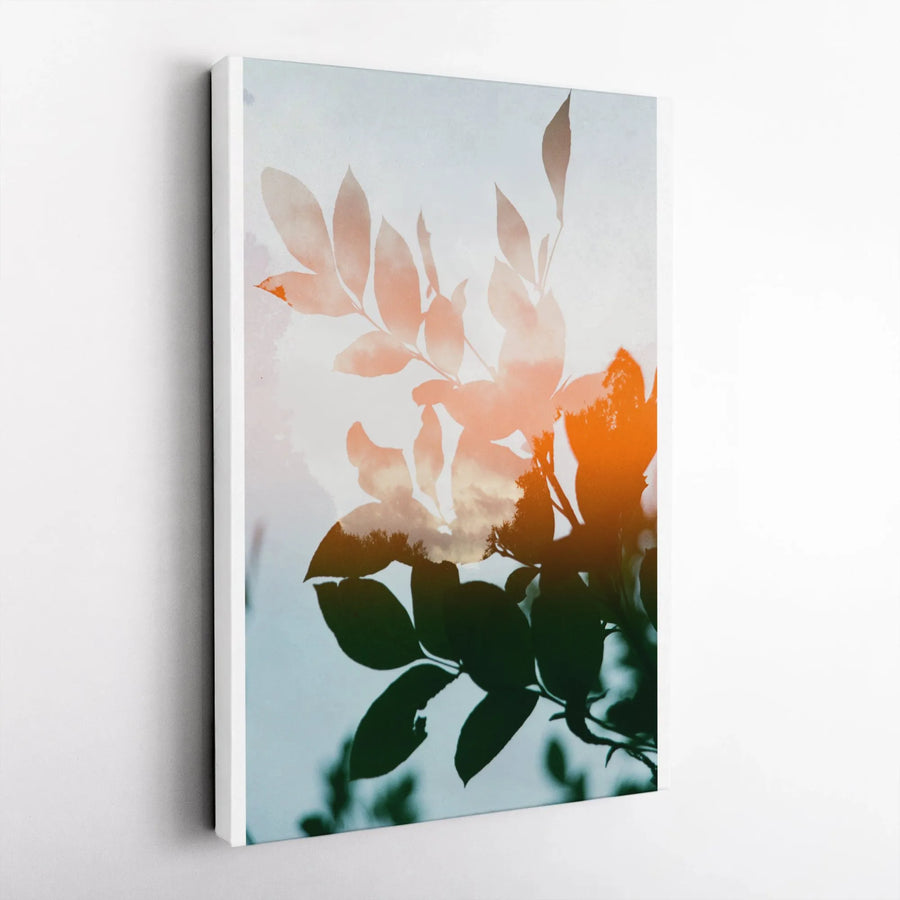 Abstract Botanical Vertical Canvas | Modern Leaf Silhouette Double Exposure Art | Premium Gallery Wrapped Print | Living Room & Office Wall Decor Gift