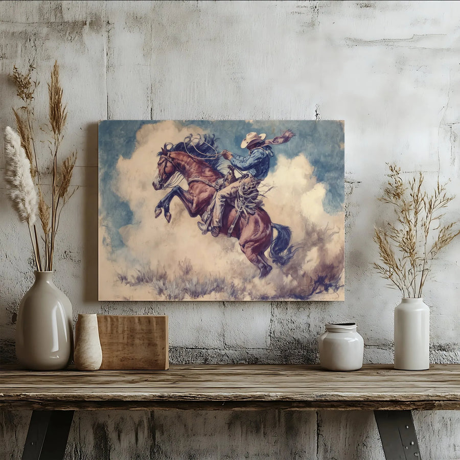 Western Cowboy Painting Canvas | Bucking Bronco Rodeo Art | Premium Gallery Wrapped Wall Decor | Rustic Farmhouse Gift for Him