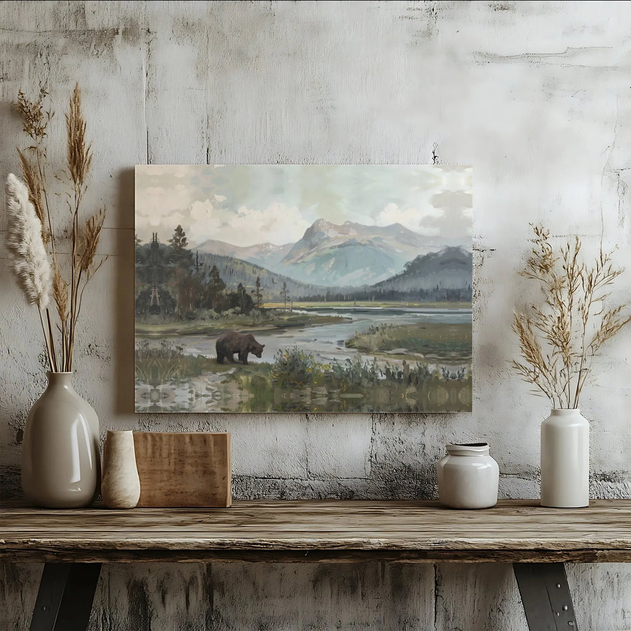 Brown Bear Mountain Landscape Canvas Wall Art | Rustic Nature Painting Print | Premium Gallery Wrap 1.25" Frame | Wildlife Decor for Home or Office Gift