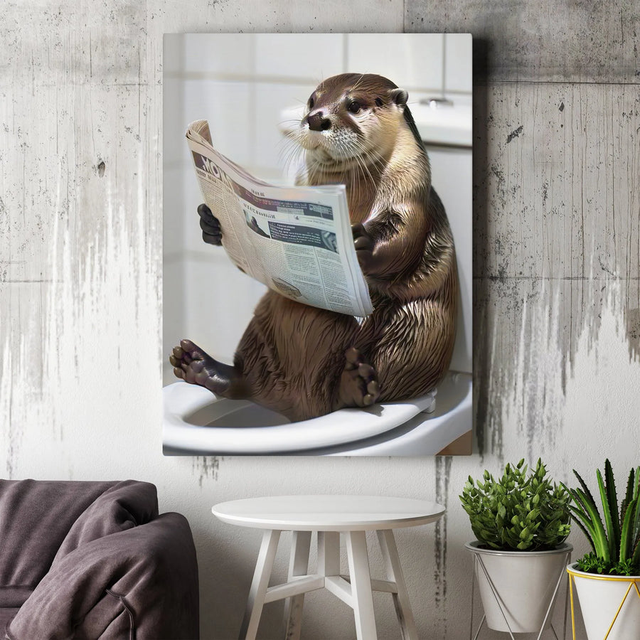 Funny Otter Reading Newspaper on Toilet Canvas Art | Whimsical Bathroom Wall Decor | Premium Fade-Resistant Print | Quirky Gift for Animal Lovers