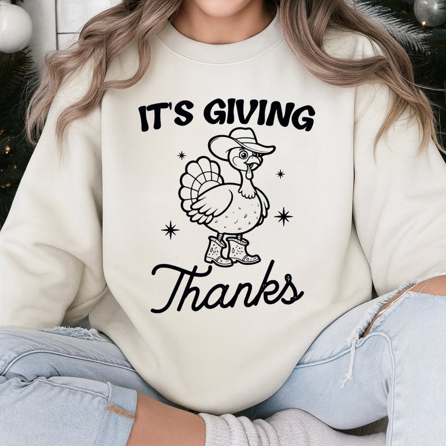 It's Giving Thanks Sweatshirt | Funny Cowboy Turkey Graphic | Premium Cotton Blend | Unisex Thanksgiving Gift for Women and Men