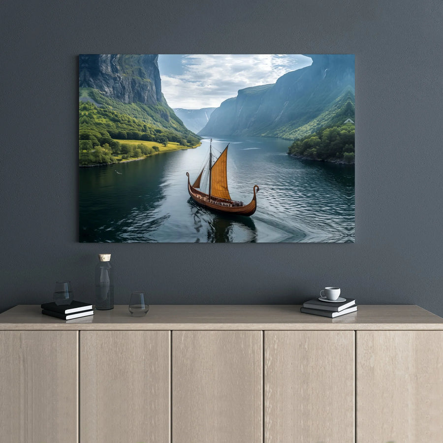 Viking Longship Canvas Print | Norwegian Fjord Landscape Wall Art | Premium 1.25-inch Gallery Wrap | Historical Nautical Decor for Home Office