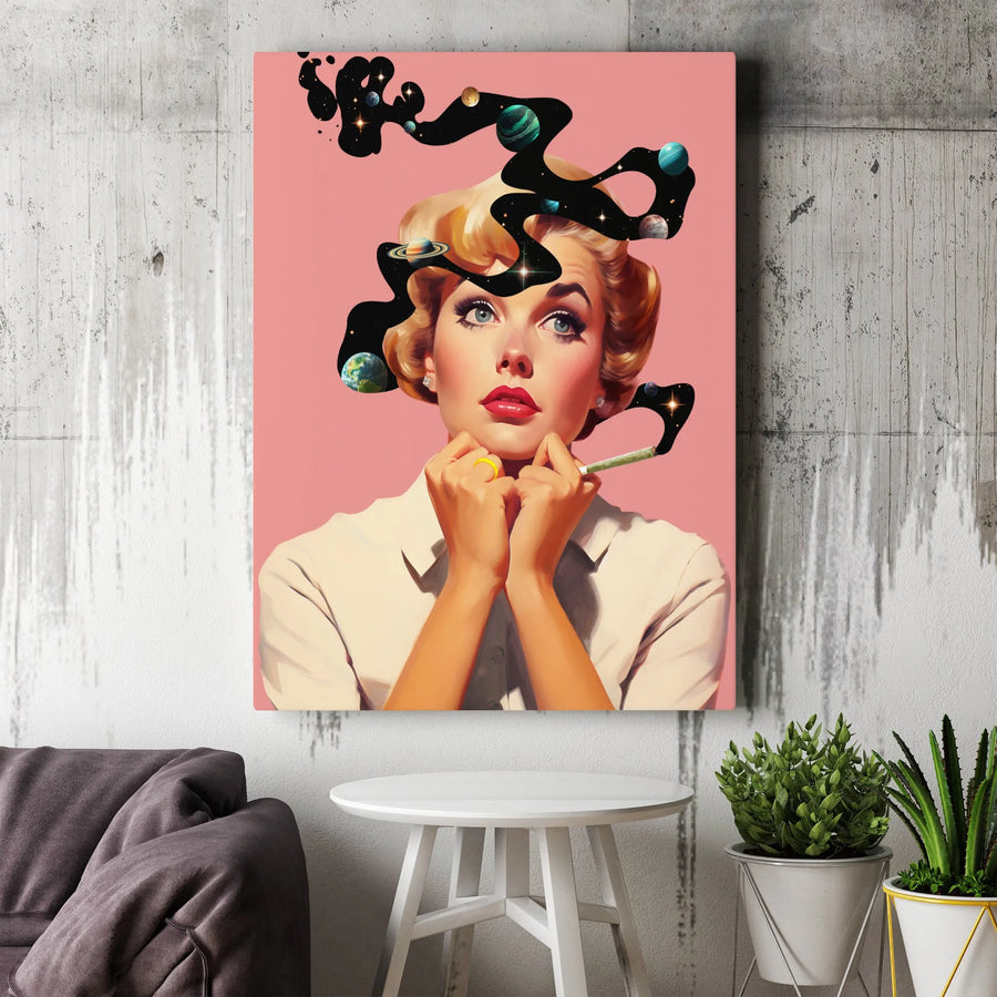 Surreal Retro Woman Canvas | Galaxy Space Hair Pop Art Print | Premium 1.25" Gallery Wrap | Unique Modern Wall Decor for Home Office