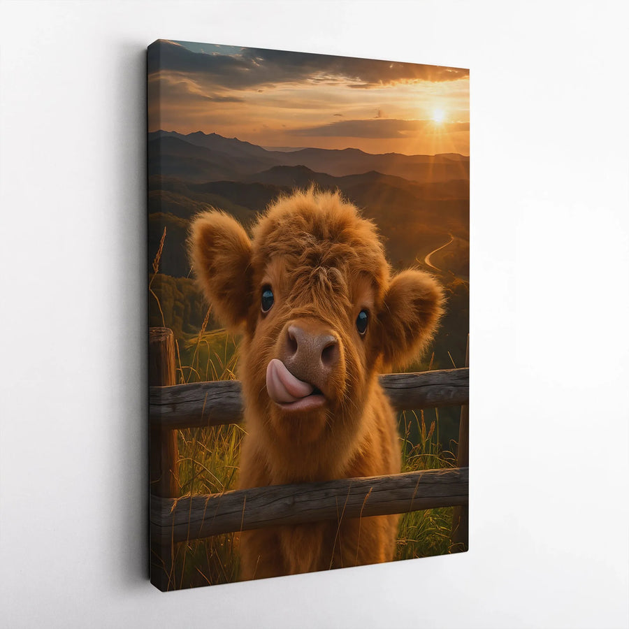Cute Highland Cow Canvas Wall Art | Fluffy Baby Calf at Sunset Portrait | Premium 1.25" Gallery Wrap | Rustic Farmhouse Decor Gift for Animal Lovers