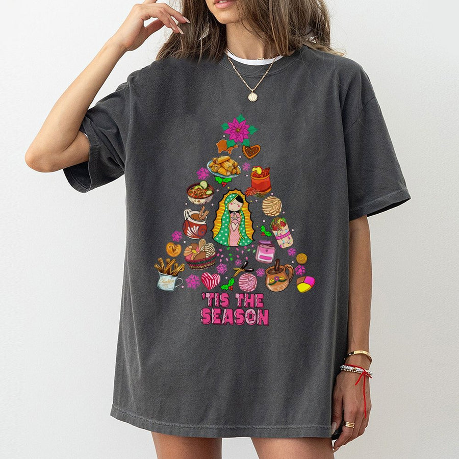 Our Lady of Guadalupe Christmas T-Shirt | Mexican Food Holiday Tree Design | Premium Cotton Graphic Tee | Hispanic Heritage Gift for Her