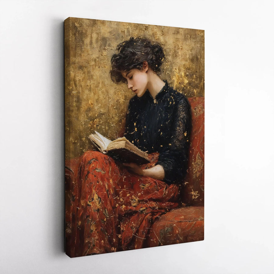 Vintage Woman Reading Canvas Wall Art | Dark Academia Oil Painting Style | Premium Gallery Wrapped Canvas | Gift for Book Lovers & Readers
