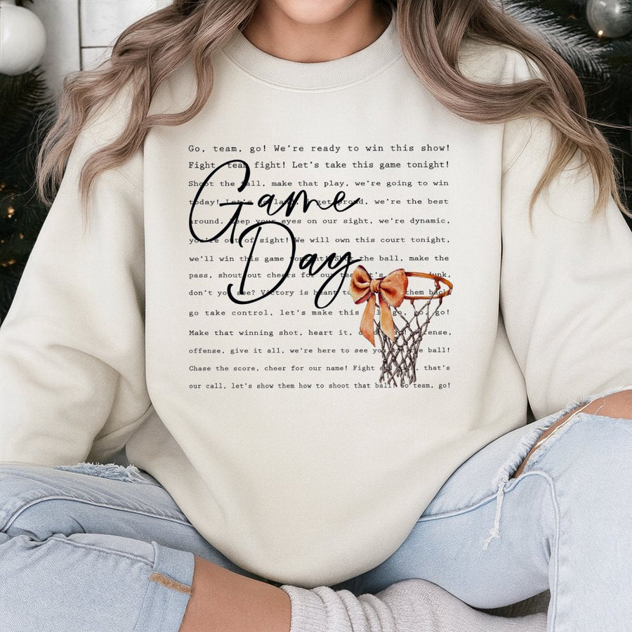 Game Day Basketball Sweatshirt | Coquette Bow Aesthetic Hoop Print | Premium Cotton-Blend Crewneck | Trendy Sport Mom Gift for Basketball Fans