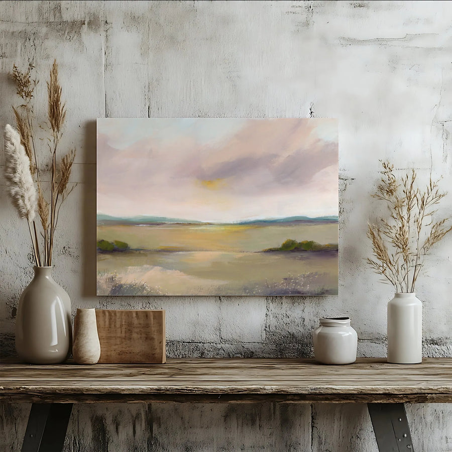 Abstract Landscape Canvas Wall Art | Calming Pastel Sunset Painting | Premium Gallery-Wrapped Canvas | Limited Edition Living Room Decor