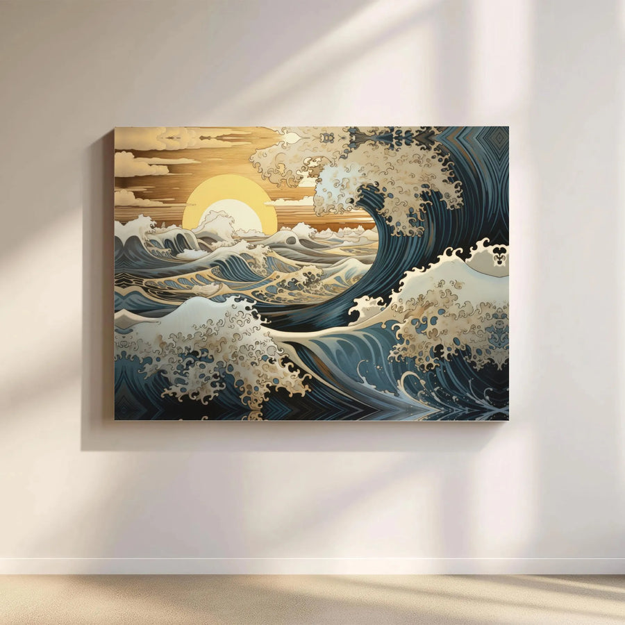 Japanese Great Wave Canvas Wall Art | Golden Sun Nautical Aesthetic | Gallery Quality 1.25-inch Profile | Zen Decor for Living Room or Office