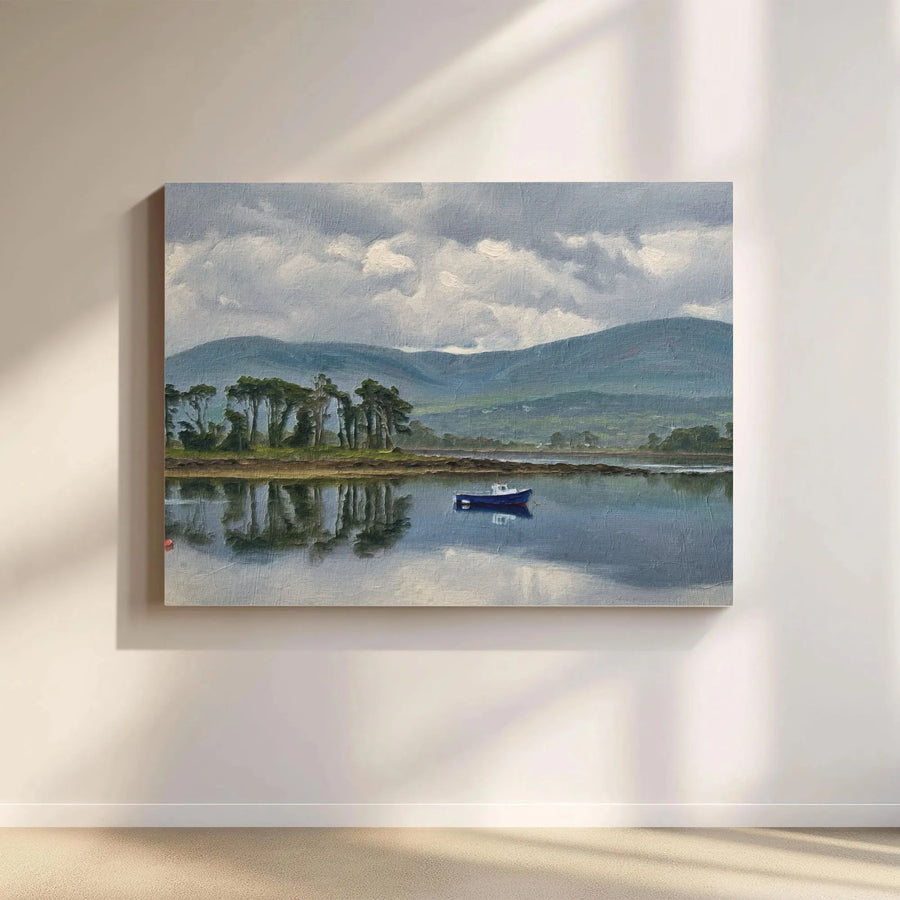 Lake Landscape Canvas Print | Blue Boat Mountain Reflection Art | Gallery Wrapped 1.25" Profile | Serene Nature Wall Decor For Home Office