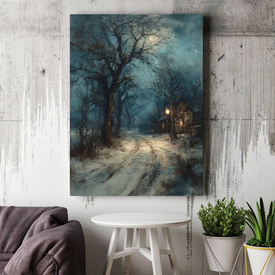 Moody Winter Landscape Vertical Canvas | Dark Academia Forest at Night | Premium Frameless Wall Art | Gothic Home Decor Collector's Gift