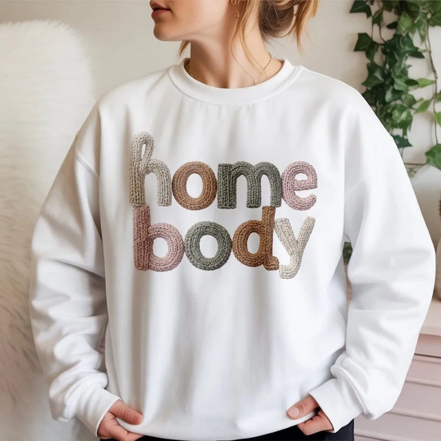 Homebody Sweatshirt | Textured Yarn Lettering Graphic | Soft Cotton Blend Premium Fleece | Cozy Loungewear Gift for Her