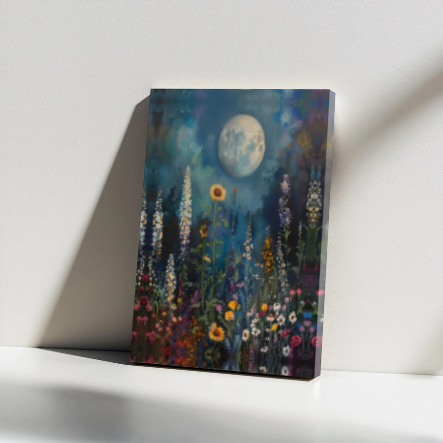Midnight Wildflower Garden Canvas | Full Moon Botanical Art Print | 1.25 Inch Gallery Wrap | Premium Nature Wall Decor for Home Office
