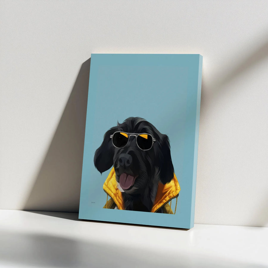 Black Dog Wall Art Canvas | Trendy Dog With Sunglasses And Yellow Jacket | Premium Gallery Wrap Decor | Gift For Dog Lovers