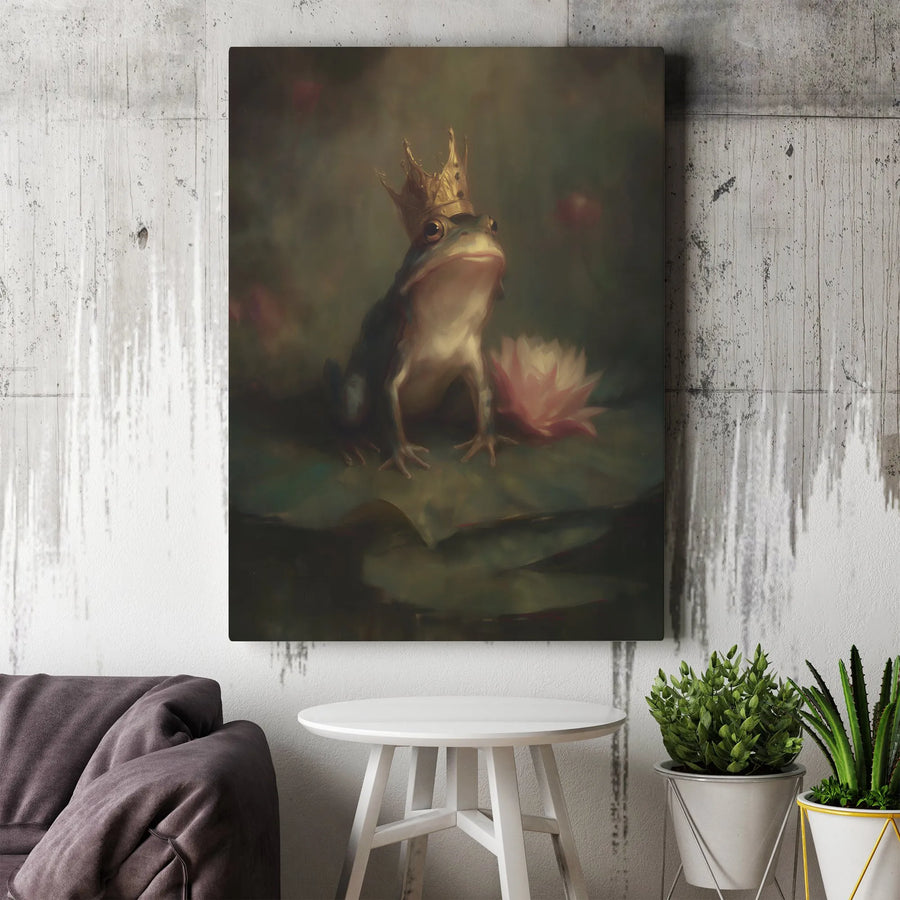 Frog Prince Wall Art | Regal Frog With Gold Crown Oil Painting Style | Premium Gallery-Wrap Canvas | Whimsical Home Decor Gift