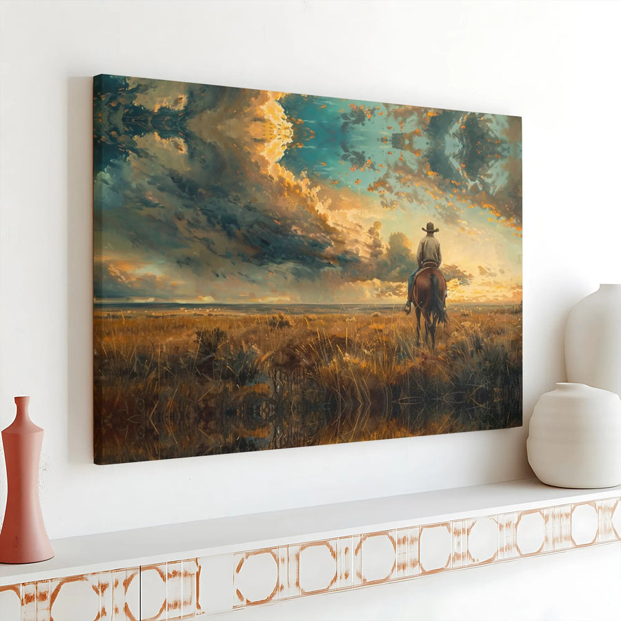 Western Cowboy Wall Art | Sunset Prairie Horseback Landscape | Premium Gallery Wrap Canvas | Rustic Home Office Decor Gift