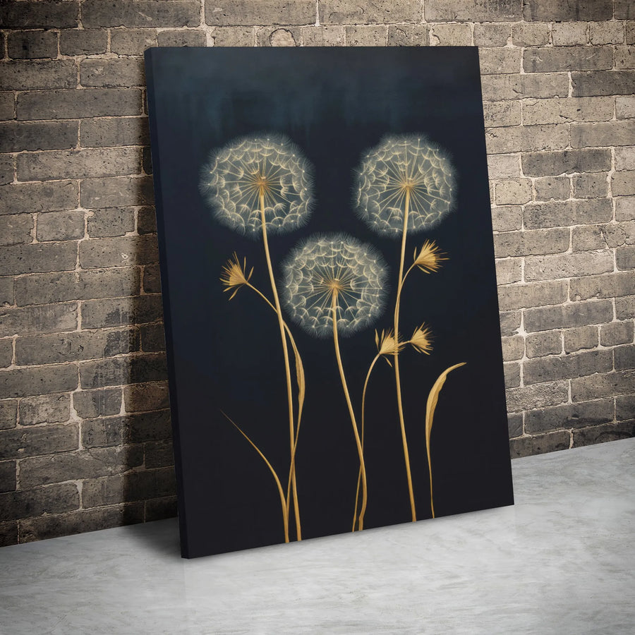 Golden Dandelion Canvas Wall Art | Dark Botanical Floral Print | 1.25 Inch Gallery Wrap | Modern Minimalist Home Decor Gift