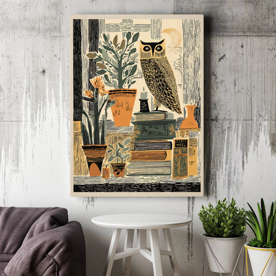 Vintage Owl Canvas Print | Woodblock Style Illustration on Books | Premium Frameless Wall Art | Dark Academia Decor Gift for Book Lovers