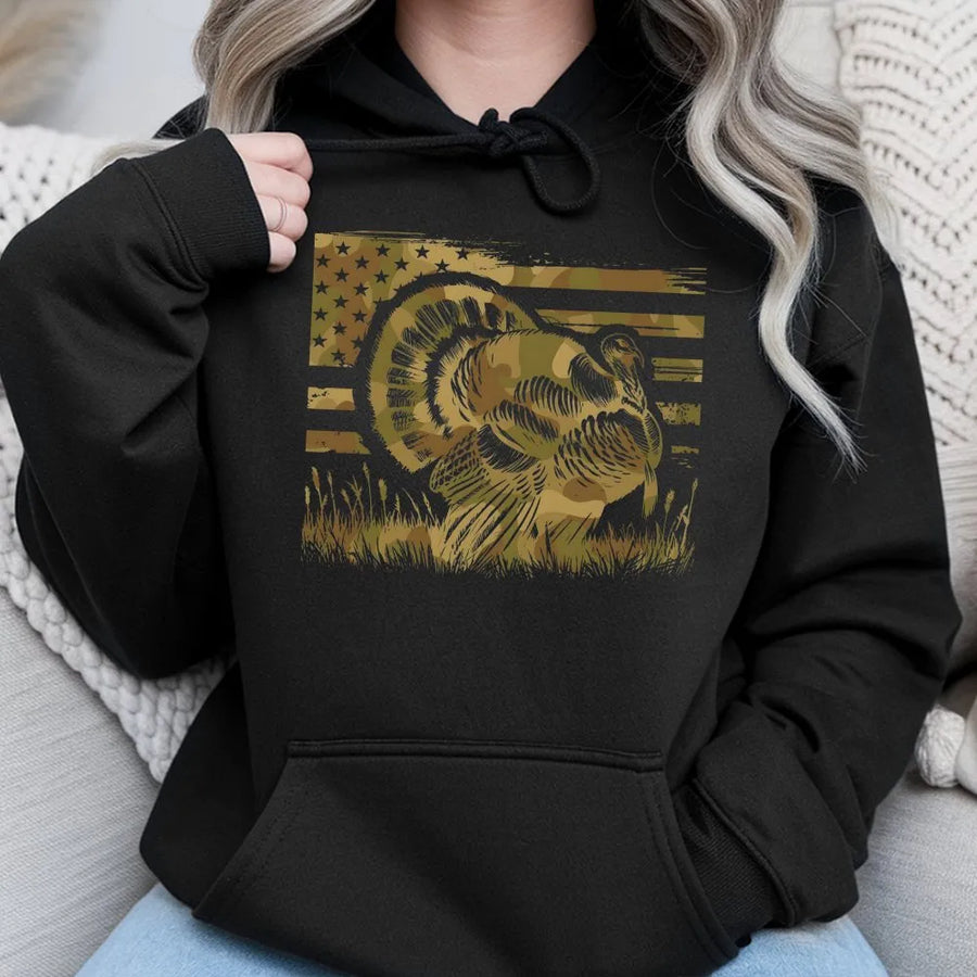 Turkey Hunting Hoodie | American Flag Camo Graphic | Soft Cotton Blend | Patriotic Gift for Hunter