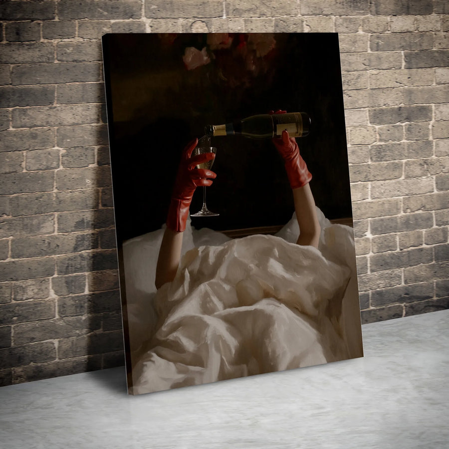 Champagne Pouring Canvas Art | Elegant Red Gloves Painting | Premium Gallery Wrap Wall Decor | Chic Bedroom Bar Cart Aesthetic Gift