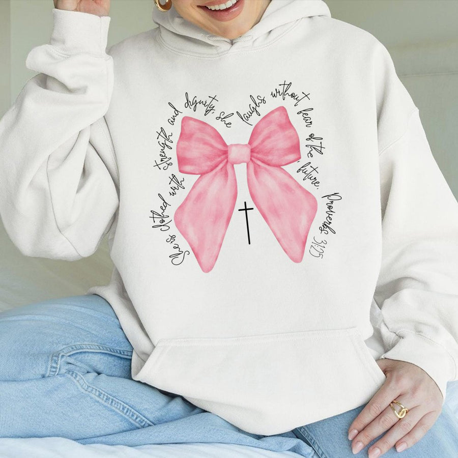 Proverbs 31:25 Hoodie | Coquette Pink Bow Graphic | Cotton-Poly Blend Comfort | Christian Faith Gift for Women