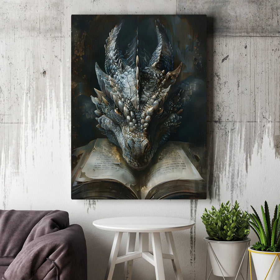 Fantasy Dragon Vertical Canvas | Gothic Dragon Over Ancient Tome | Premium 1.25" Thick Canvas | Collector's Gift for Fantasy Lovers