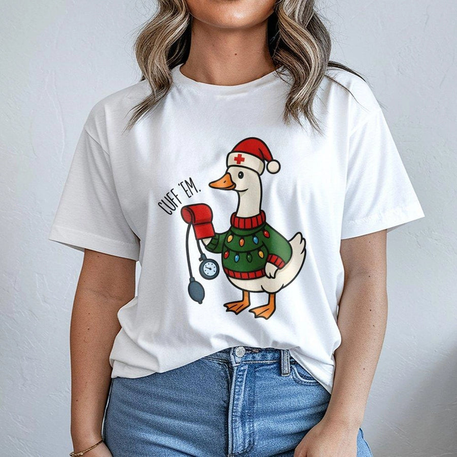 Nurse Christmas T-Shirt | Funny Cuff Em Goose Graphic Tee | Premium 100% Cotton Apparel | Cute Holiday Gift for ER Nurses & Medical Staff