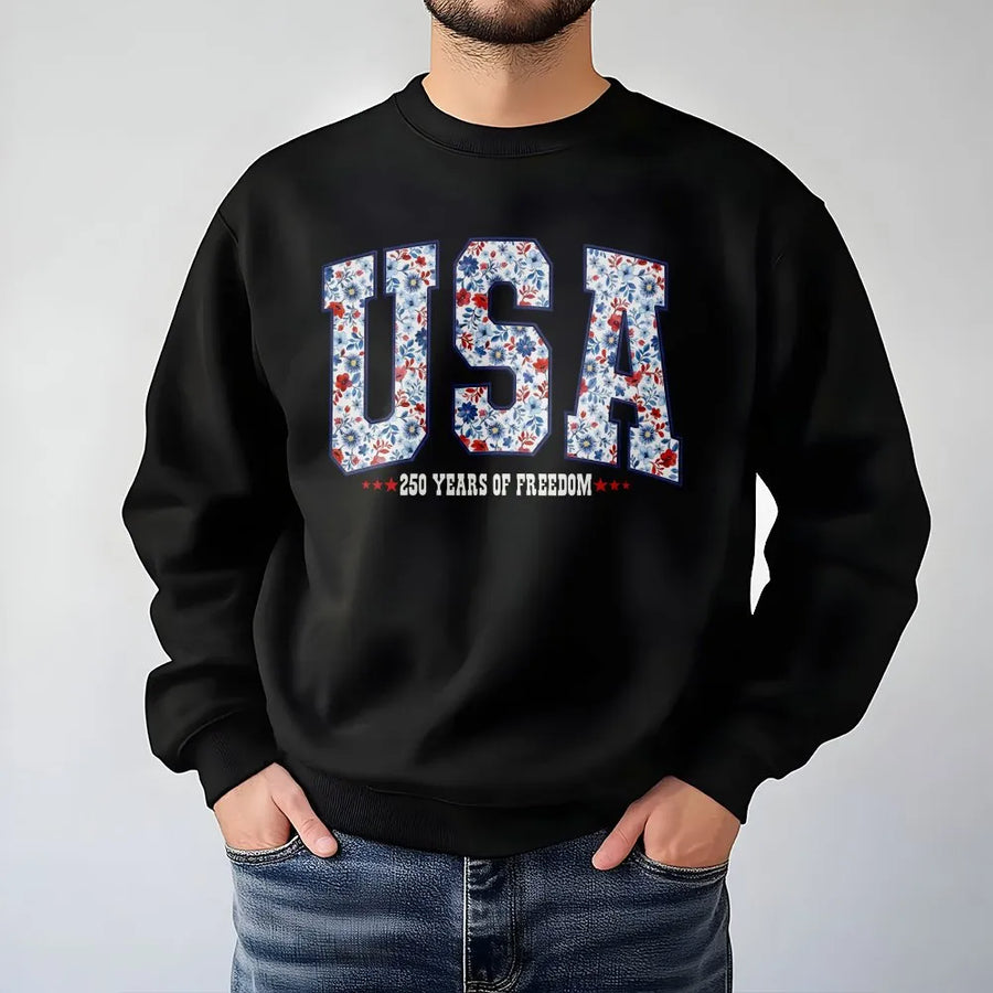 Patriotic USA Sweatshirt | 250 Years of Freedom Floral Design | Cozy Crewneck Pullover | Fourth of July Gift for Women