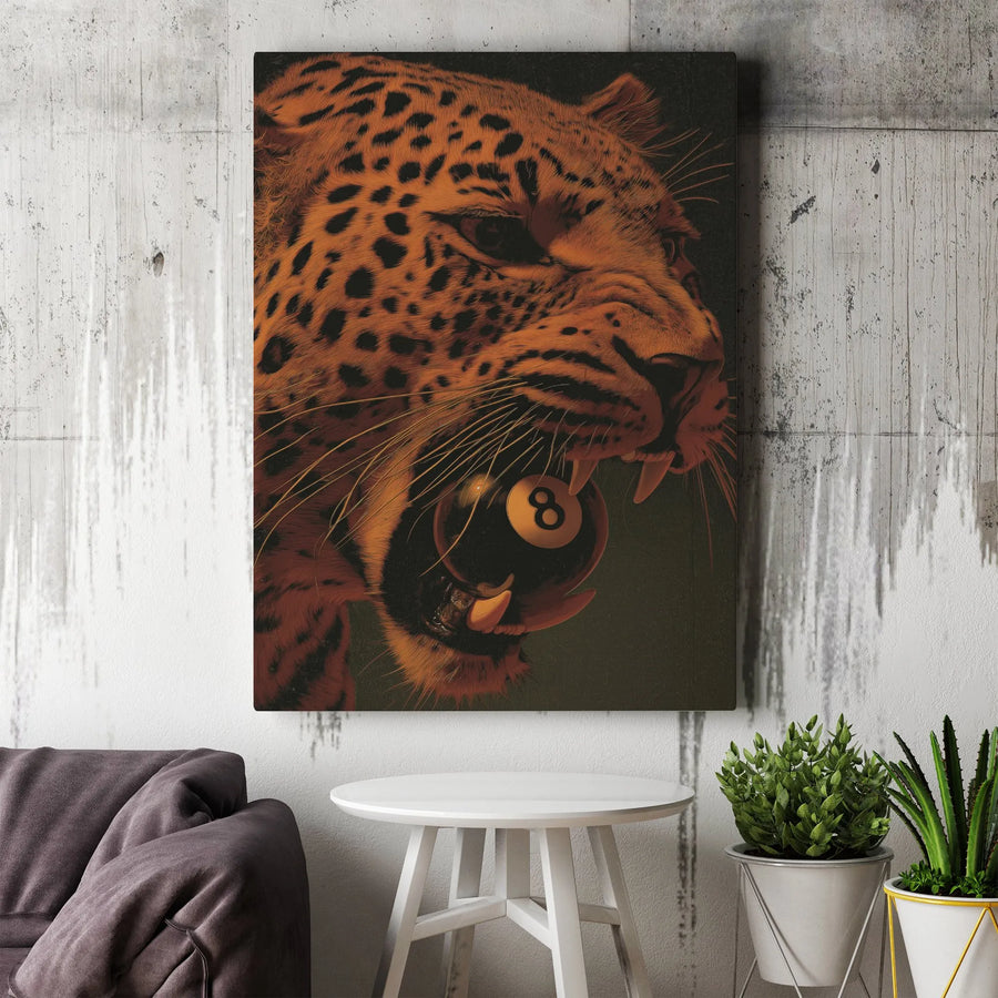 Leopard 8 Ball Vertical Canvas | Fierce Big Cat Billiards Art | Premium High-Resolution Print | Game Room & Man Cave Decor Collector's Gift