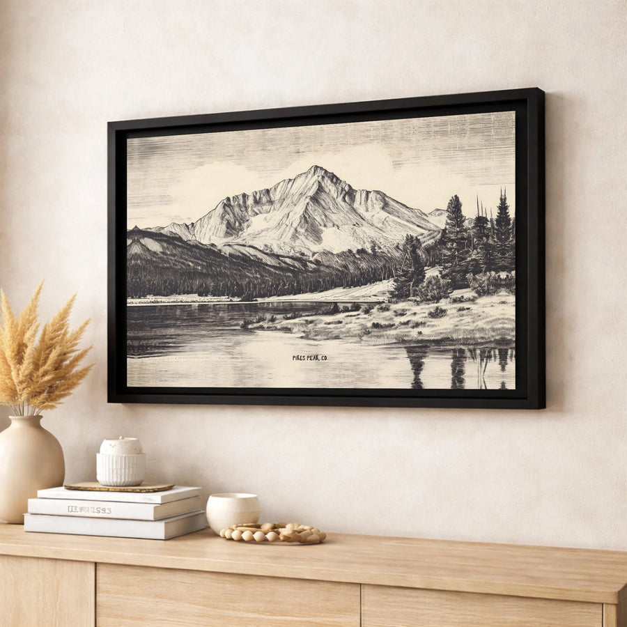 Pikes Peak Mountain Landscape Canvas Wall Art | Vintage Engraving Style Print | Premium Gallery-Wrapped Decor | Colorado Nature Lover Gift