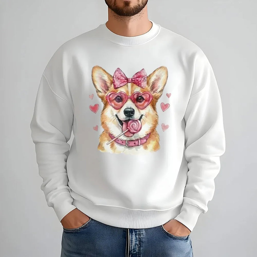 Corgi Valentine Sweatshirt | Cute Dog With Heart Glasses & Lollipop | Premium Cotton Blend | Gift For Dog Mom & Corgi Lovers