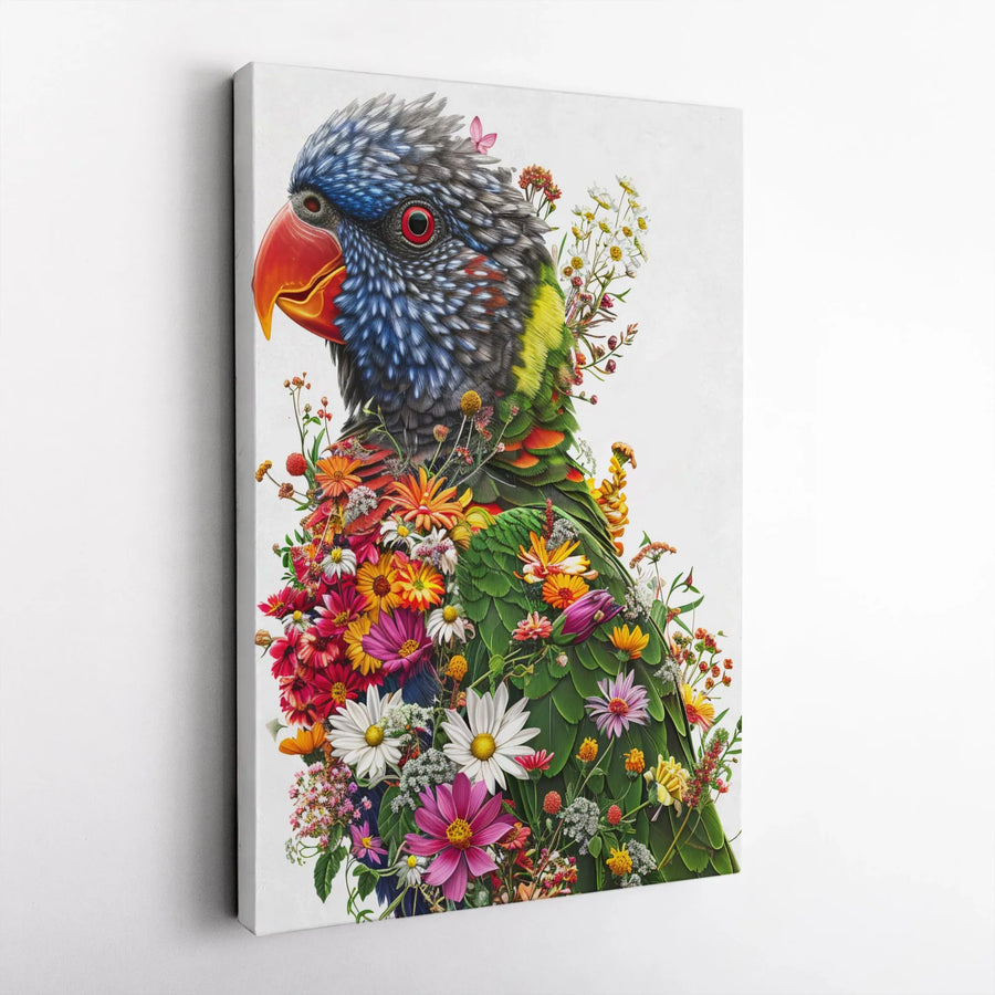 Rainbow Lorikeet Canvas Wall Art | Floral Parrot Bird Portrait | Premium Gallery-Wrapped Print | Colorful Botanical Decor for Bird Lovers