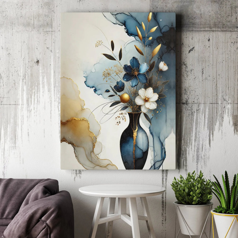 Abstract Blue and Gold Floral Canvas Wall Art | Luxury Watercolor Flower Vase Print | 1.25 Inch Gallery Wrap | Modern Home Decor for Living Room