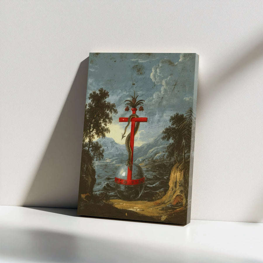 Alchemical Art Canvas Print | Vintage Esoteric Painting with Serpent & Red Cross | Premium Gallery Wrap Canvas | Collector's Occult Home Decor