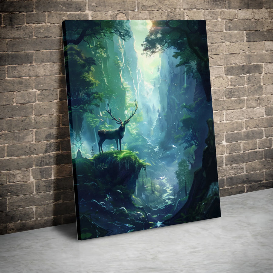 Majestic Stag Canvas Wall Art | Ethereal Forest Canyon Landscape | Premium Gallery-Wrapped Print | Wildlife Nature Home Decor Gift