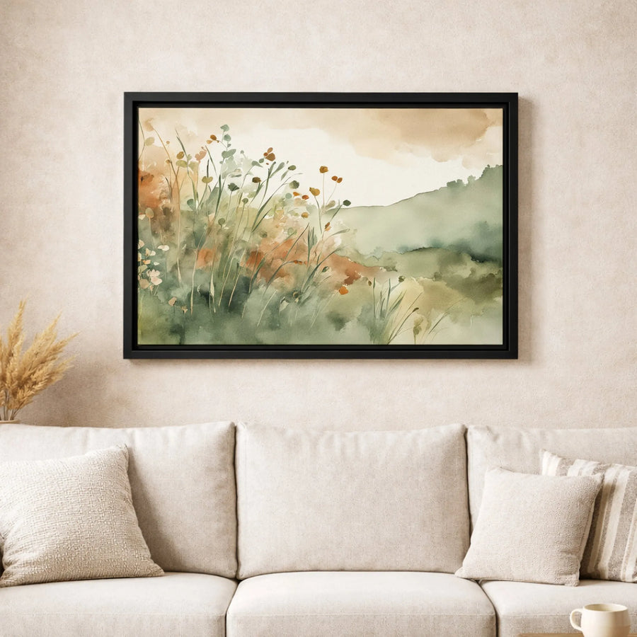 Watercolor Landscape Wall Art | Misty Hills and Wildflowers Print | Premium Gallery Wrapped Canvas | Minimalist Nature Decor for Modern Home
