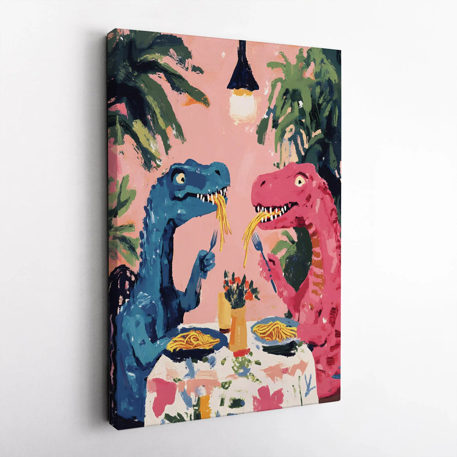 Dinosaur Spaghetti Date Canvas Print | Whimsical T-Rex Pasta Dinner Wall Art | Premium Gallery Wrapped Canvas | Quirky Kitchen & Home Decor Gift