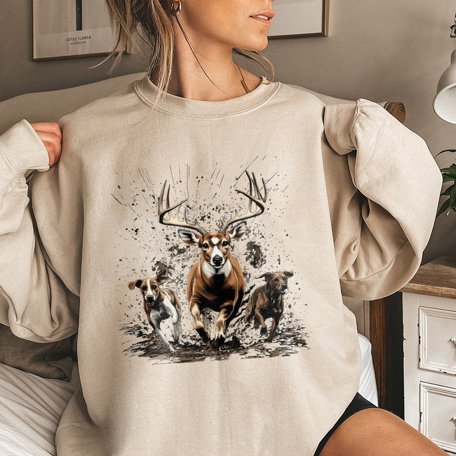 Hunting Sweatshirt | Running Buck and Hound Dogs Graphic | Premium Cotton Blend | Gift for Hunter and Wildlife Lover