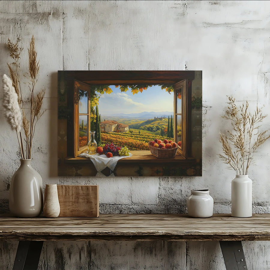 Tuscan Vineyard Window Canvas Print | Italian Countryside Landscape Wall Art | Premium Gallery-Wrapped Decor | Gift for Wine Lovers