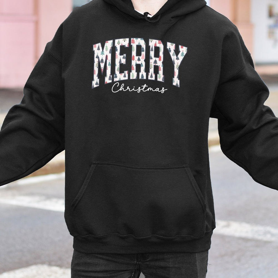 Merry Christmas Hoodie | Festive Pattern Varsity Lettering | Cotton-Polyester Blend | Holiday Gift for Women and Men