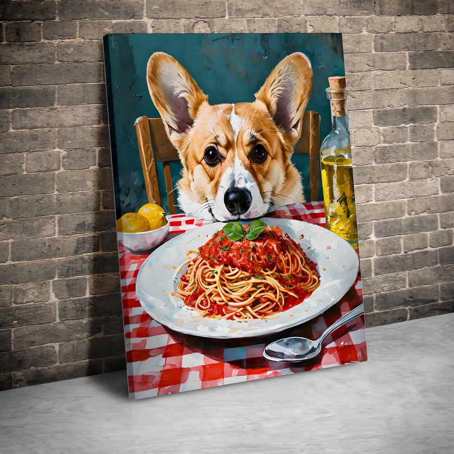 Corgi Spaghetti Canvas Print | Funny Dog & Spaghetti Painting | Thick Gallery Wrap Canvas | Gift for Dog Lover & Kitchen Decor