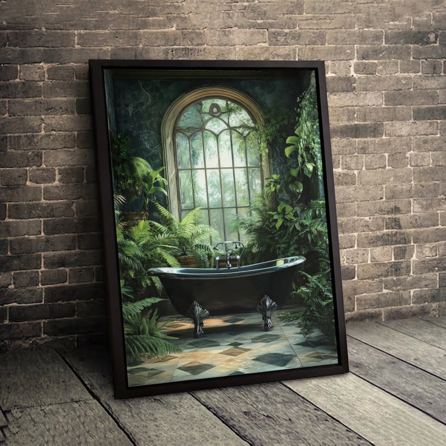 Botanical Greenhouse Canvas Wall Art | Vintage Black Clawfoot Tub Print | Premium Gallery-Wrapped Decor | Nature Inspired Bathroom Home Gift