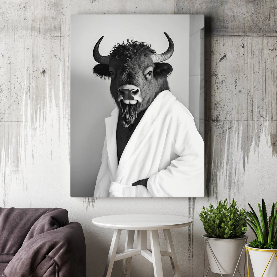 Bison in Bathrobe Canvas Print | Funny Animal Bathroom Wall Art | Premium Gallery-Wrapped Portrait | Humorous Farmhouse Home Decor