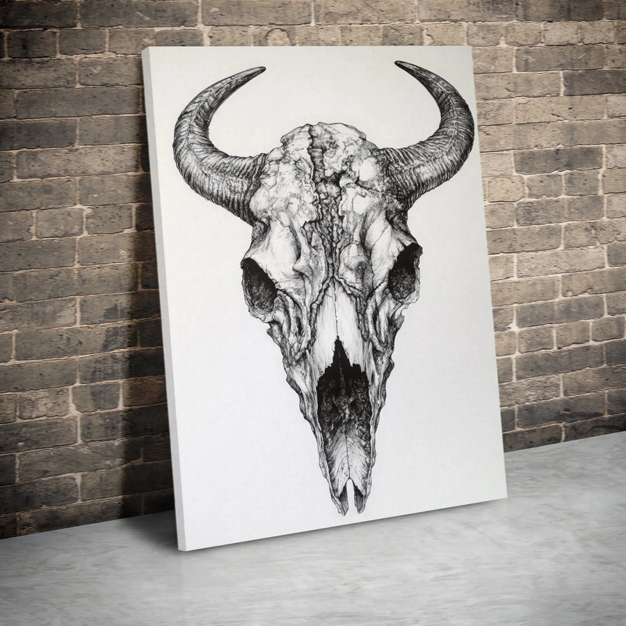 Bull Skull Canvas Wall Art | Detailed Western Animal Sketch | Premium Gallery Wrapped Print | Southwestern Home Decor Gift