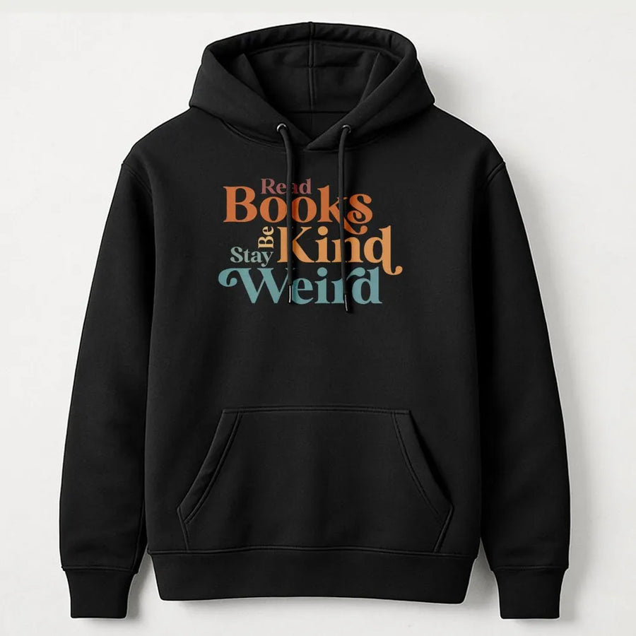 Read Books Be Kind Stay Weird Hoodie | Retro Book Lover Graphic Sweatshirt | Premium Cotton-Poly Blend | Gift for Librarian, Teacher, or Bookworm