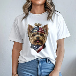Patriotic Yorkie T-Shirt | Cute Dog with USA Flag Bandana & Hat | Soft Cotton Blend | 4th of July Gift for Dog Lover