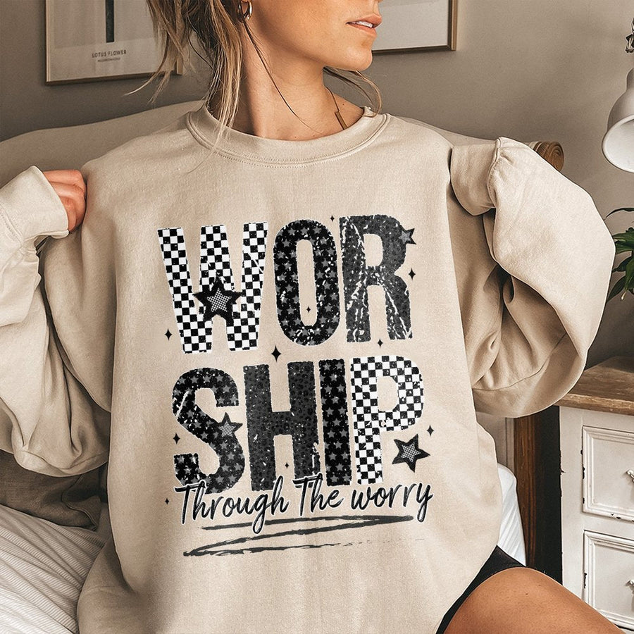Worship Through The Worry Sweatshirt | Checkerboard Faith Graphic | Cotton Blend Premium Crewneck | Christian Apparel Religious Gift For Her